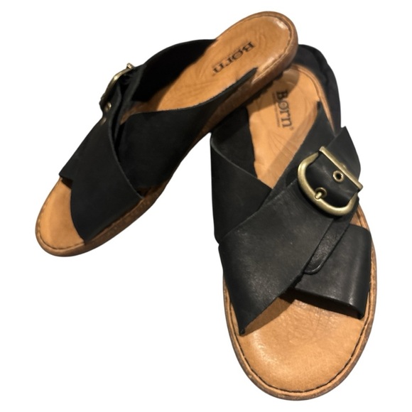 Born Wedge Shoes Black Leather Sandals Heels Slip On Open Toe Size 8 - Picture 2 of 7